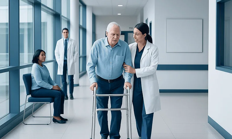 Elderly man with walker receiving assistance from nurse in hospital corridor.