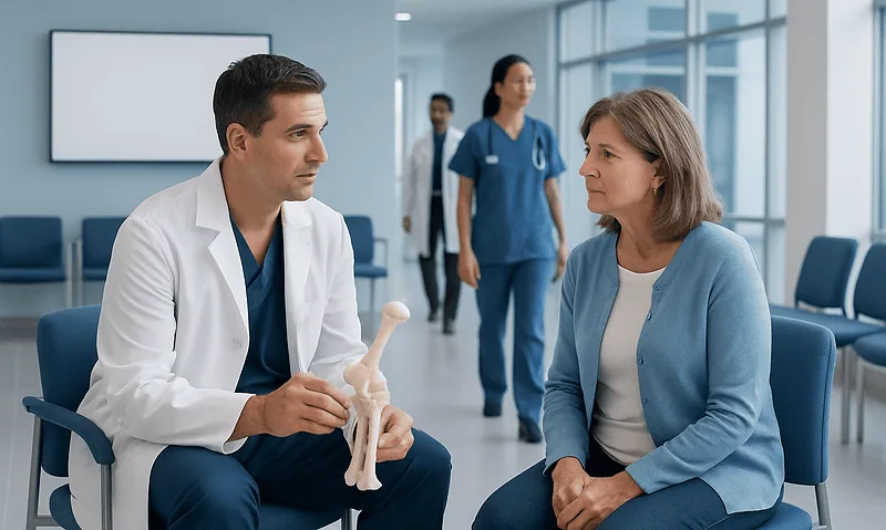 Orthopedic consultation with doctor explaining knee joint to patient.