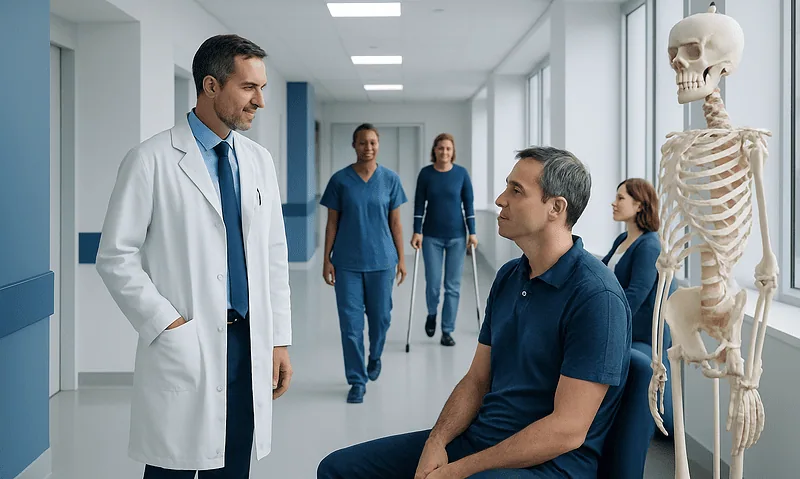 What Is Orthopedics? Understanding Bone, Joint, and Muscle Care 4 Doctor consulting with patient in hospital corridor with skeleton model nearby.