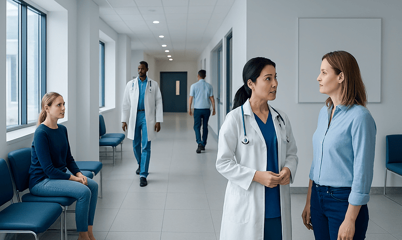 Doctor consulting with patient in hospital corridor.