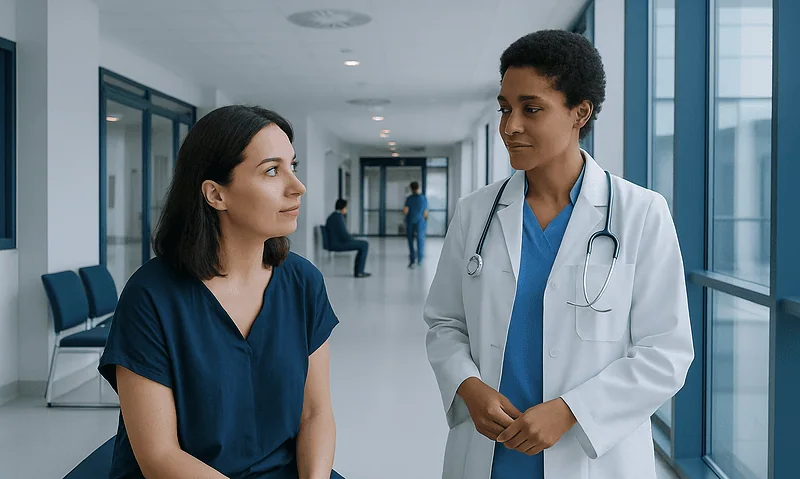Doctor consulting a patient in a hospital corridor.
