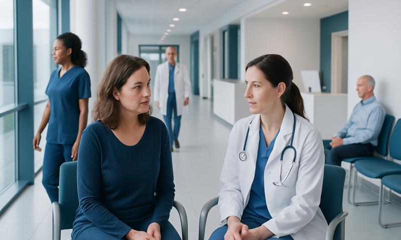 Ovarian Cyst Removal: Who Needs Surgery and What Recovery Is Like 14 Doctor consulting with patient in hospital corridor for ovarian cyst treatment.