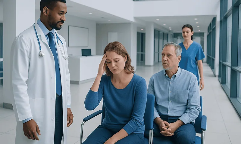 Patient experiencing headache in hospital waiting area with medical staff nearby.