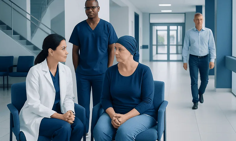 Medical team discussing patient care in hospital corridor.