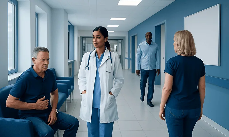 Pancreatitis: Causes, Warning Signs, and When Hospital Care Is Needed 5 Medical consultation in hospital corridor with doctor and patients.