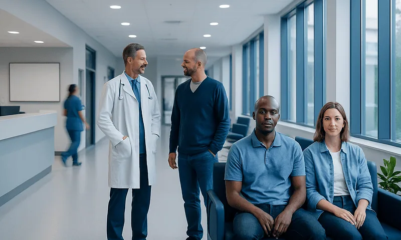 Medical consultation with diverse patients at a modern hospital.