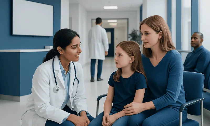 Pediatric neurologist consulting with young girl and mother in hospital.