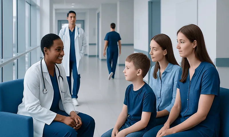 Pediatrics: What It Means and What Pediatricians Do 12 Pediatric consultation in a hospital with a doctor and young patients.