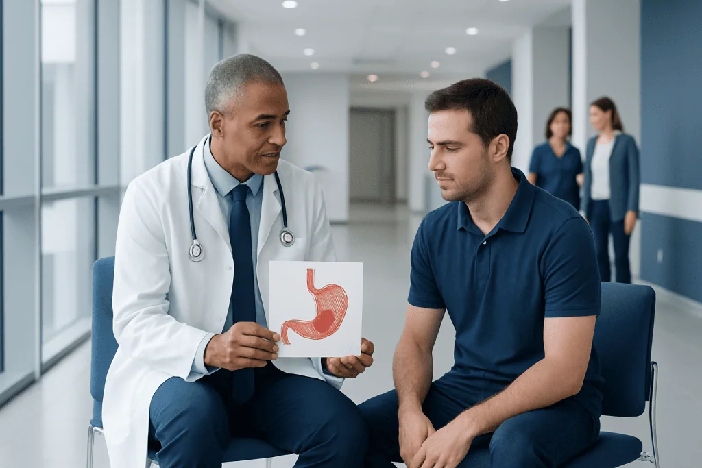 Peptic Ulcer Treatment: How Doctors Test for H. pylori and Confirm Healing 1 Doctor explaining stomach health to patient with stomach model in hospital.