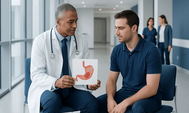 Doctor explaining stomach health to patient with stomach model in hospital.
