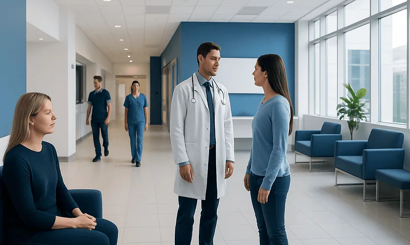 Is LASIK Permanent? How Stable Are the Results? 9 Doctor consulting with a patient in a modern hospital corridor.