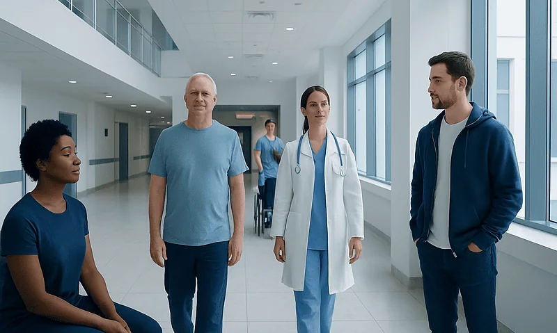Medical team discussing patient care in hospital corridor.