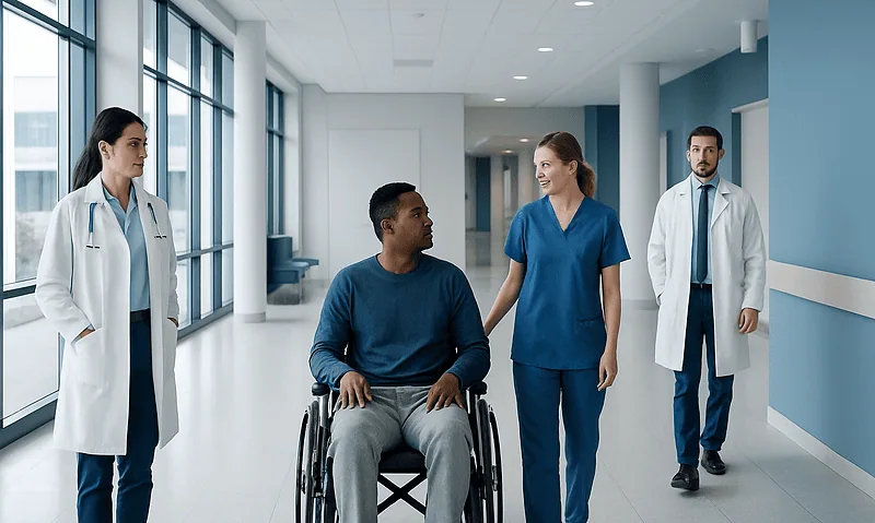 Medical team assisting a patient in a wheelchair in a hospital corridor.