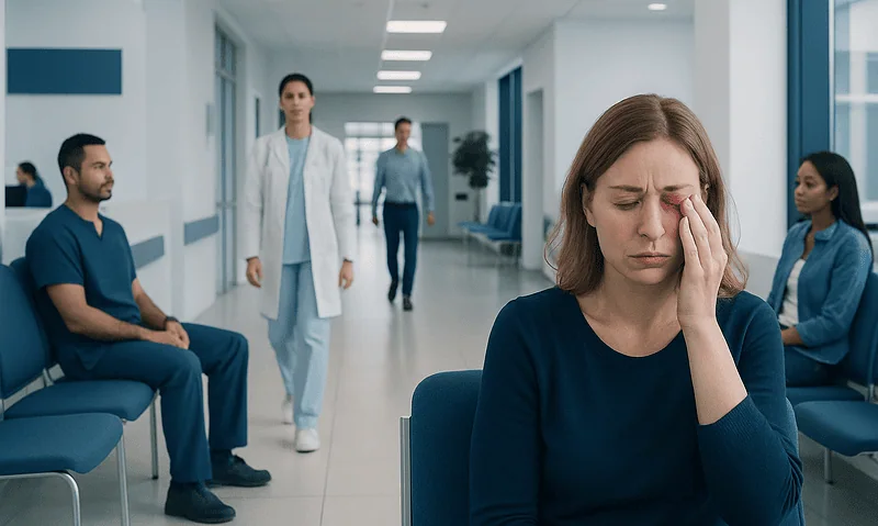 Woman with eye pain in hospital waiting area with medical staff nearby.