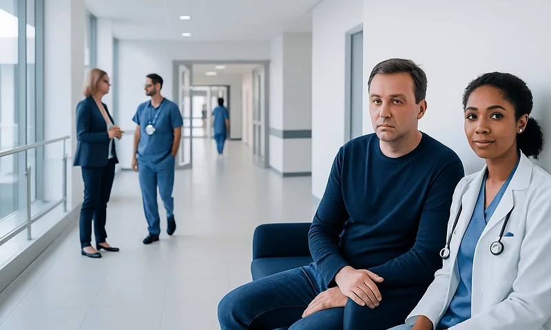 Patients waiting in a hospital corridor with medical staff in the background.
