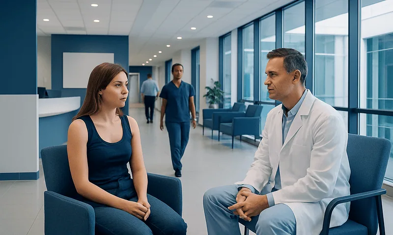 Patient consulting with doctor in modern hospital waiting area.