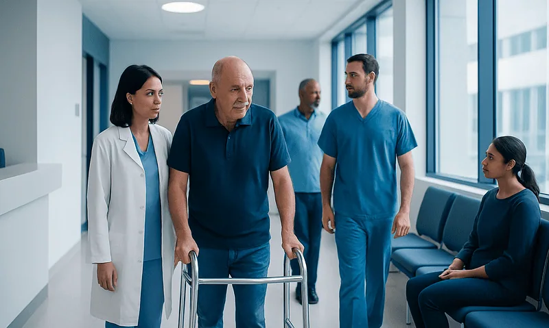 Posterior vs Anterior Hip Replacement: Key Differences 3 Elderly patient with walker in hospital corridor with medical staff.