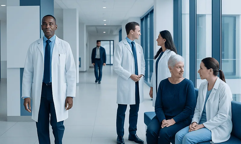Medical team consulting with a patient in a modern hospital corridor.