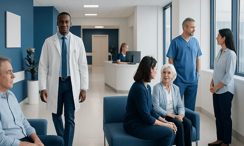 What Does Precision Oncology Mean? Biomarkers, Testing, and Treatment Fit 5 Diverse group of patients and healthcare professionals in a modern hospital waiting area.