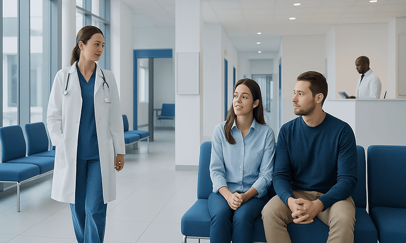 Doctor consulting with couple in hospital waiting area.