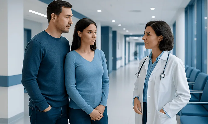 Couple consulting with a doctor in a hospital corridor.