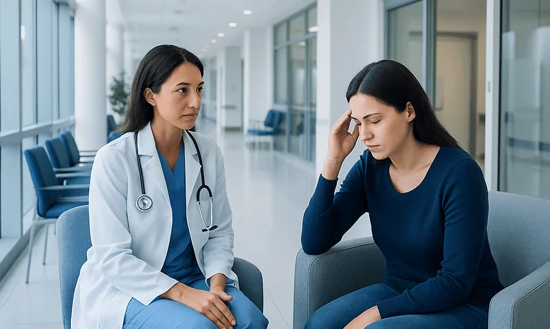 Doctor consulting with a patient experiencing headache in hospital corridor.