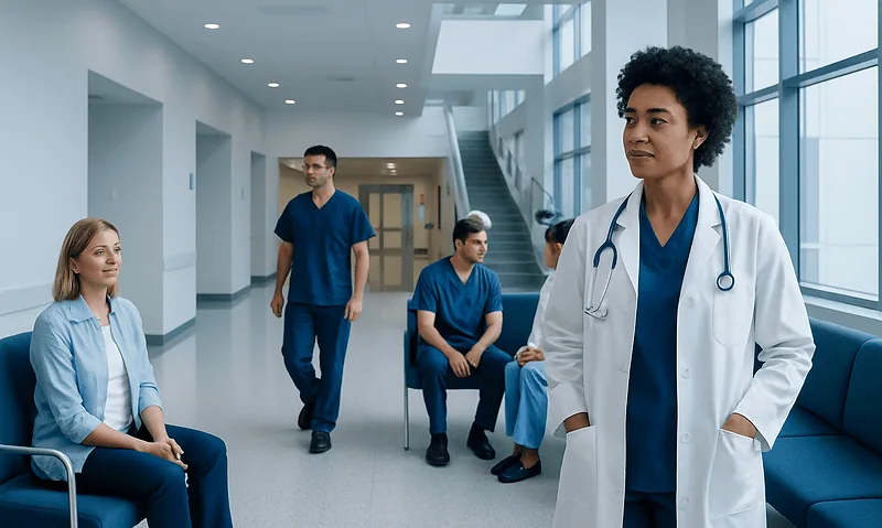 Healthcare professionals and patients in a modern hospital corridor.