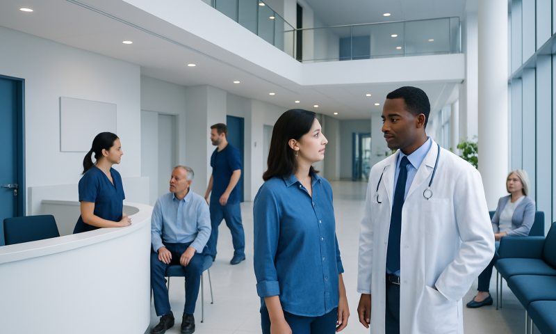 Healthcare professionals and patients in a modern hospital lobby.