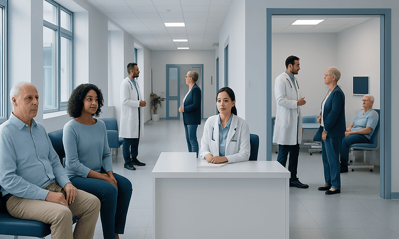Patients waiting in a hospital corridor with medical staff attending to them.