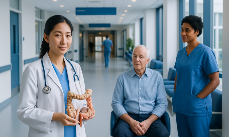 Probiotics for Digestive Health: Strains, Benefits, and What to Know 17 Healthcare professionals with patient in hospital corridor, promoting digestive health.
