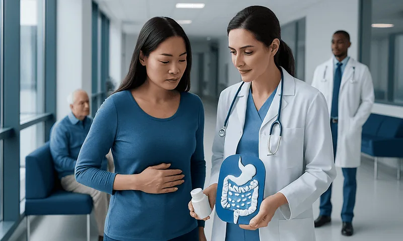 Are Probiotics Worth Trying for Digestive Problems? 17 Doctor explaining digestive health to a patient in a hospital corridor.