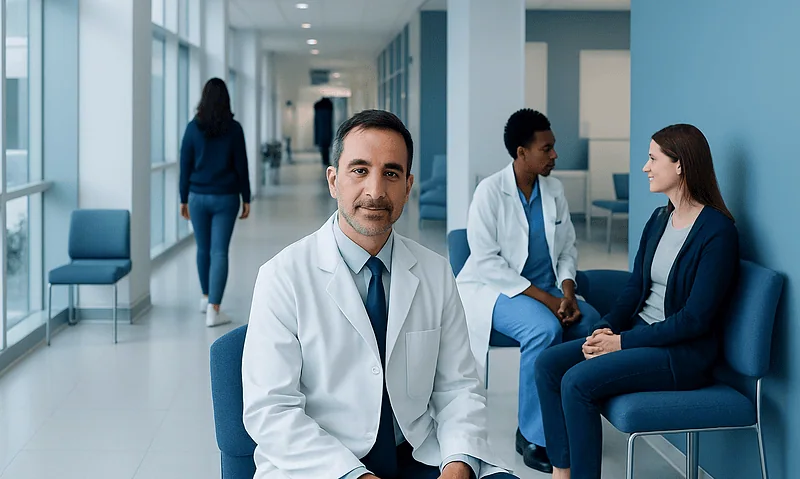 Medical professionals in a hospital corridor with patients and staff.
