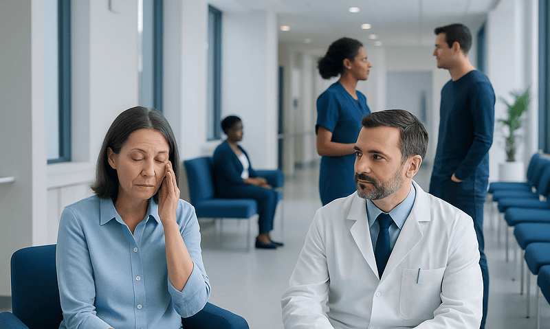 Health Library 10 Patient experiencing eye discomfort during medical consultation at hospital.