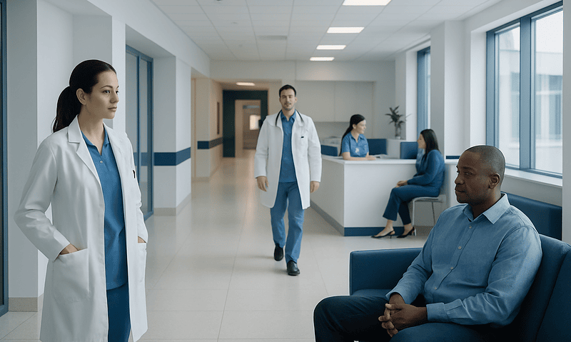 Medical professionals and patient in hospital corridor with seating area.