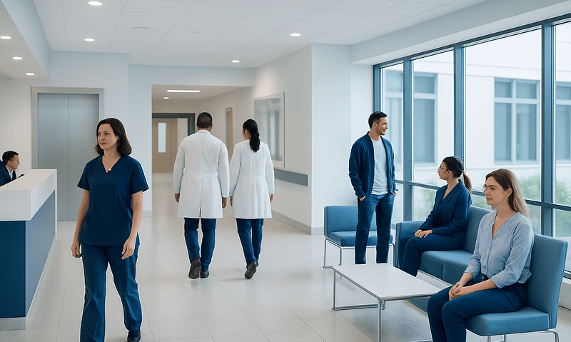 Modern hospital waiting area with medical staff and patients.