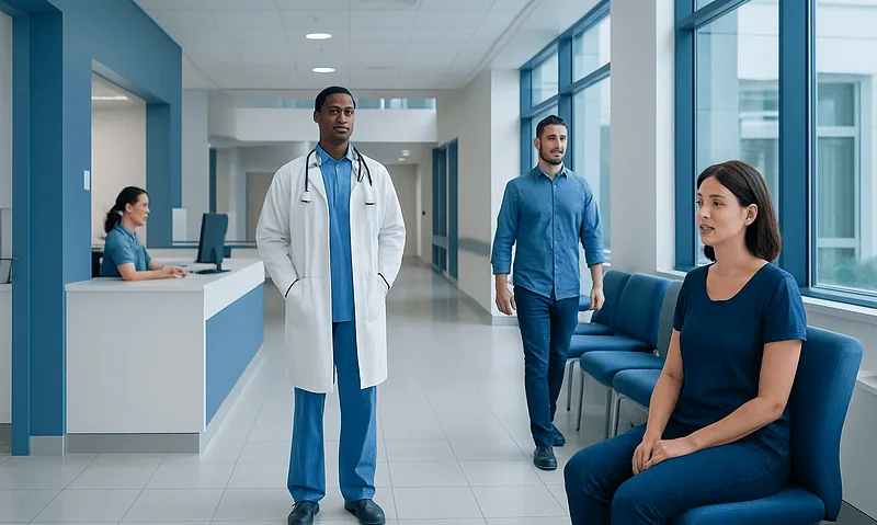 Healthcare professionals and patients in a modern hospital corridor.