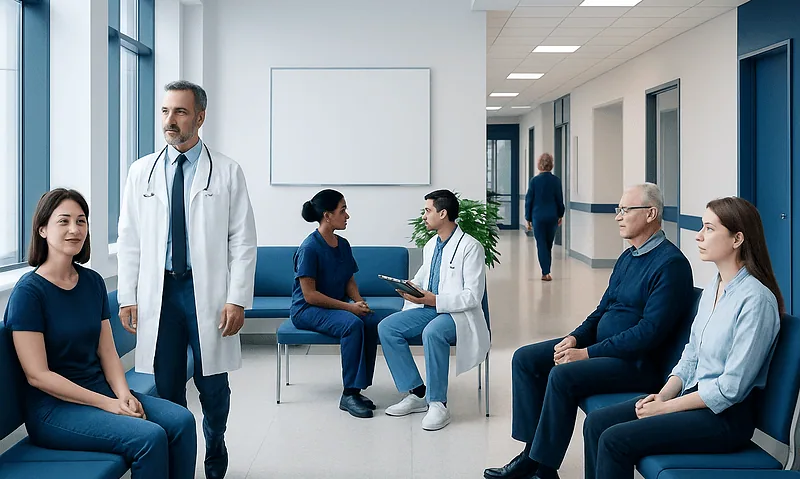 Medical consultation in a hospital corridor with doctors and patients.