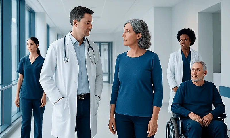 Medical team discussing patient care in hospital corridor.