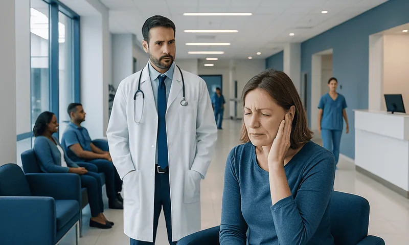 Doctor consulting a patient with tinnitus symptoms in hospital corridor.