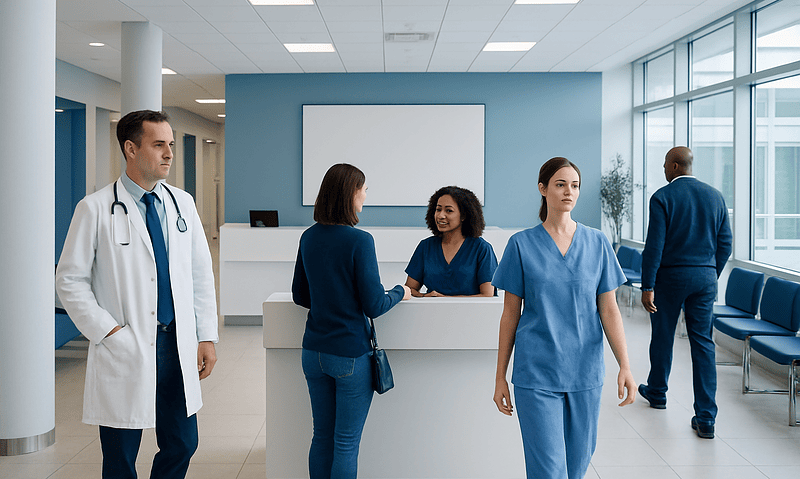 Modern hospital reception area with medical staff and patients.
