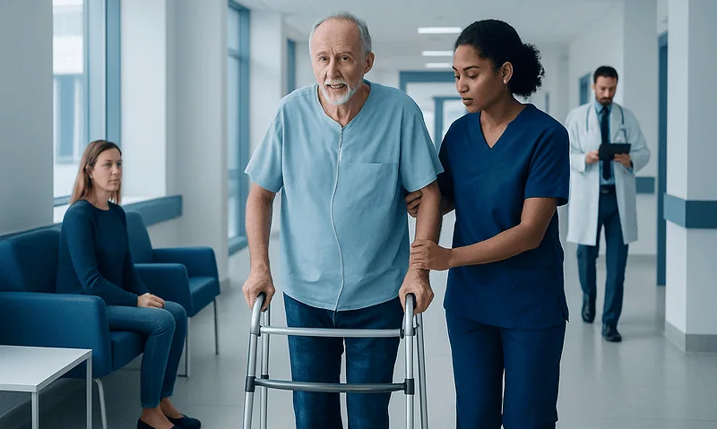Elderly man walking with walker in hospital corridor with nurse assistance.