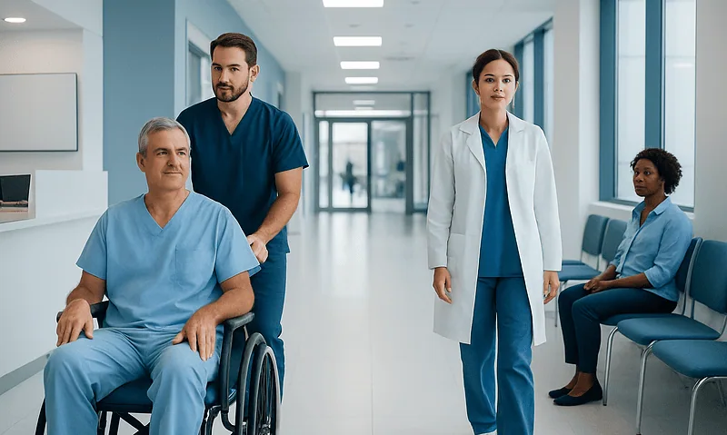 Medical team with patient in hospital corridor at Acibadem Hospitals Group.