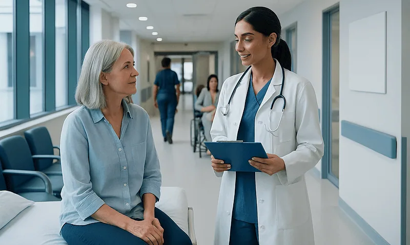 Doctor consulting with a patient in a hospital corridor.