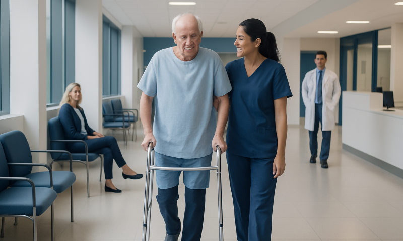 Elderly man walking with a nurse in a hospital corridor.