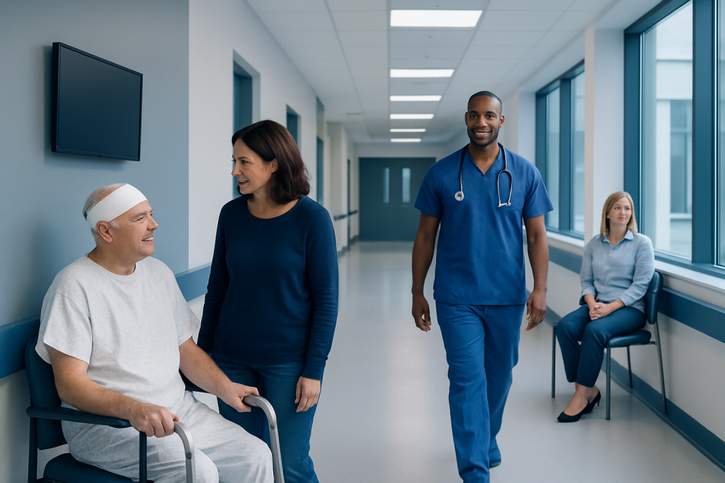 Living After Neurosurgery: Returning to Daily Activities Safely 1 Hospital corridor with patient, nurse, and visitor during recovery.