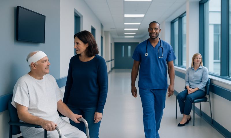 Hospital corridor with patient, nurse, and visitor during recovery.