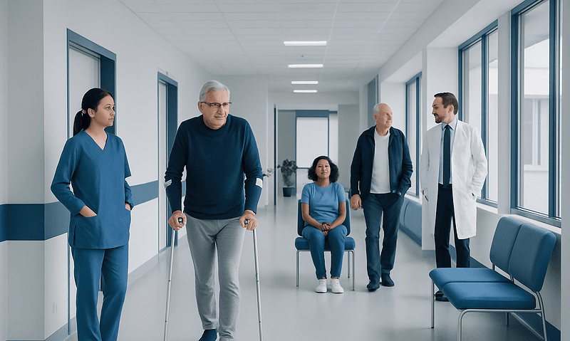 Elderly man walking with crutches in hospital corridor with medical staff and patient.