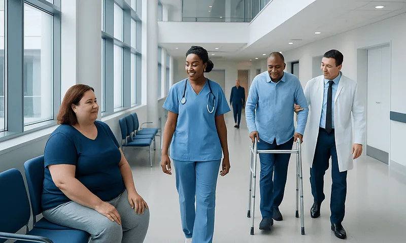 Healthcare professionals assisting a patient in a hospital corridor.