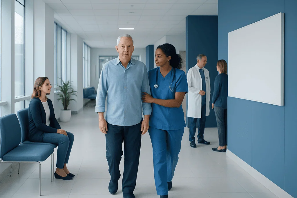 Coronary Bypass Surgery Recovery by Week: What Changes at Home 1 Senior patient walking with nurse in hospital corridor.