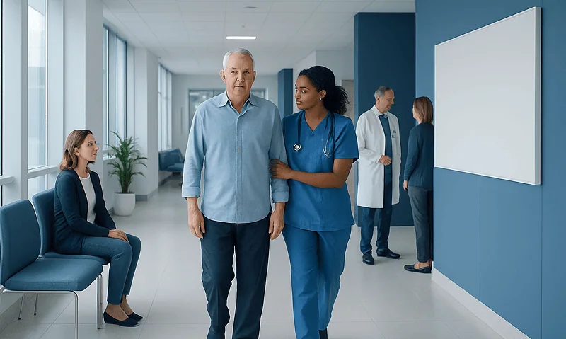 Senior patient walking with nurse in hospital corridor.